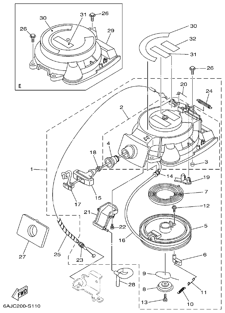 Yamaha F20CMH, F20CE STARTER parts diagram